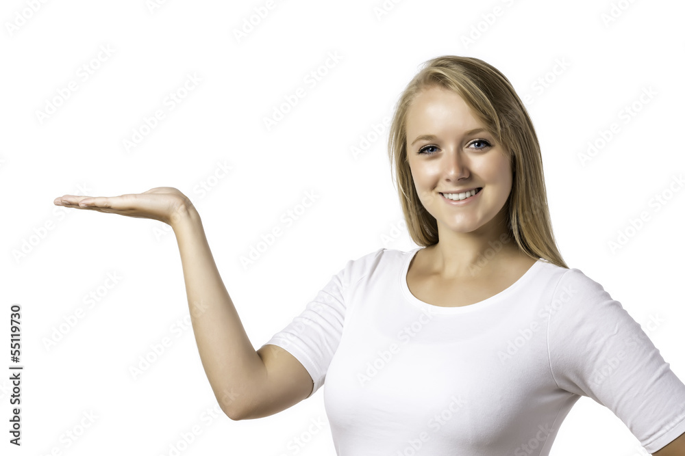 Laughing blond woman holding the palm of the right hand up Laughing blond woman holding the palm of the right hand up