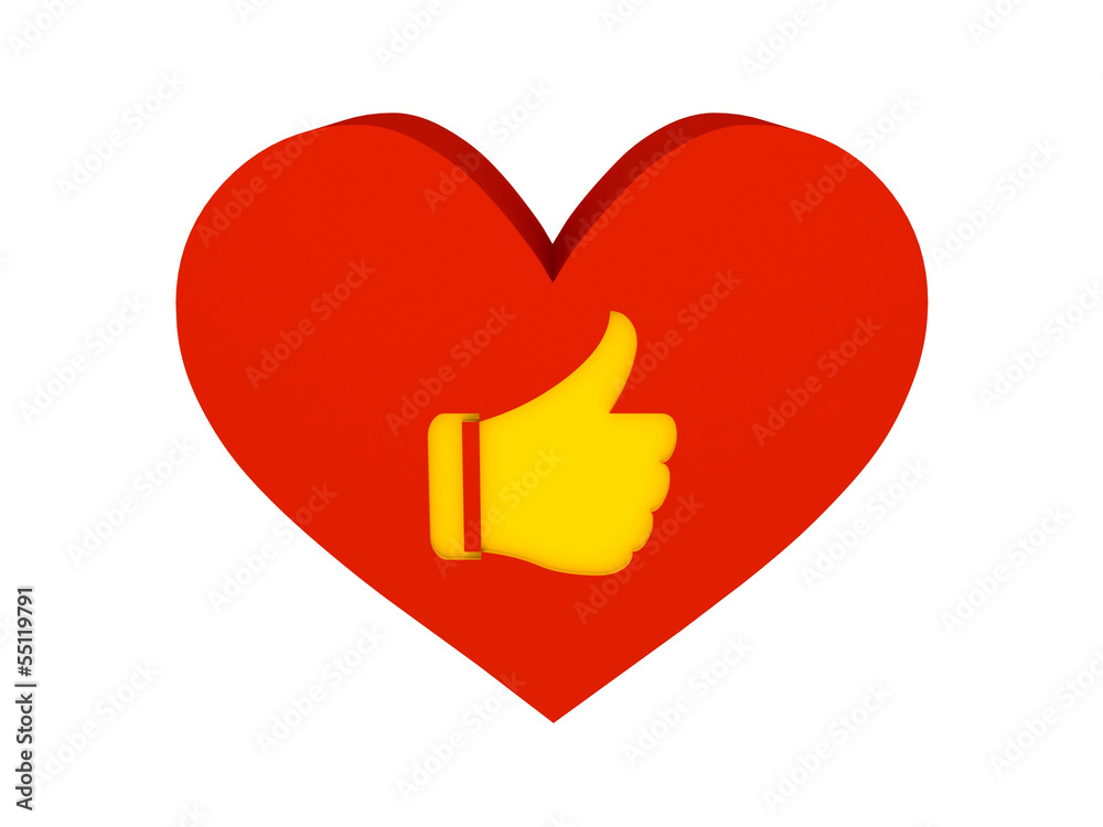 Big red heart with like symbol. Concept 3D illustration. Big red heart with like symbol. Concept 3D illustration.