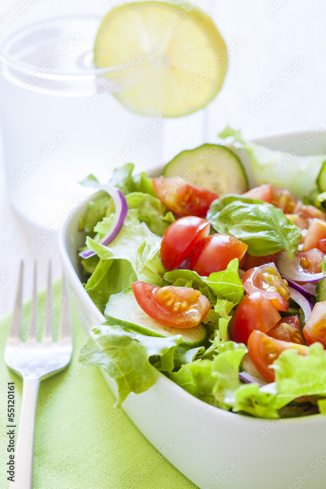fresh green salad with lettuce, cucumber, tomato and red onion. fresh green salad with lettuce, cucumber, tomato and red onion.