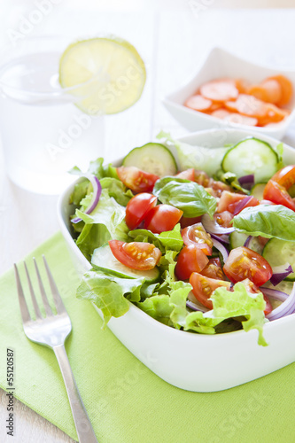 fresh green salad with lettuce, cucumber, tomato and red onion.