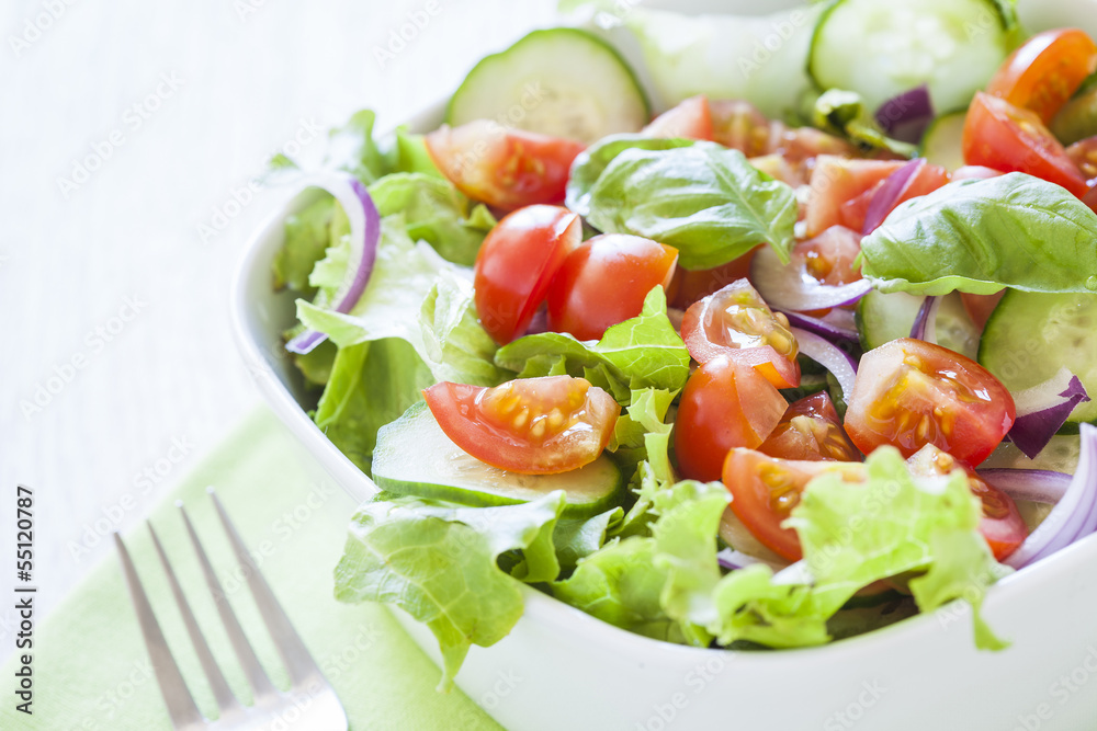 fresh green salad with lettuce, cucumber, tomato and red onion. fresh green salad with lettuce, cucumber, tomato and red onion.