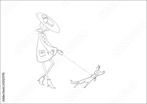 contour of  beautiful lady with small dog