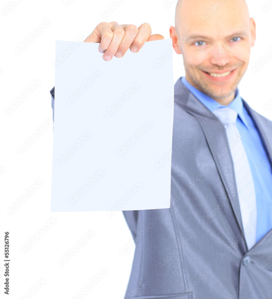 Nice businessman holds white poster. Nice businessman holds white poster.