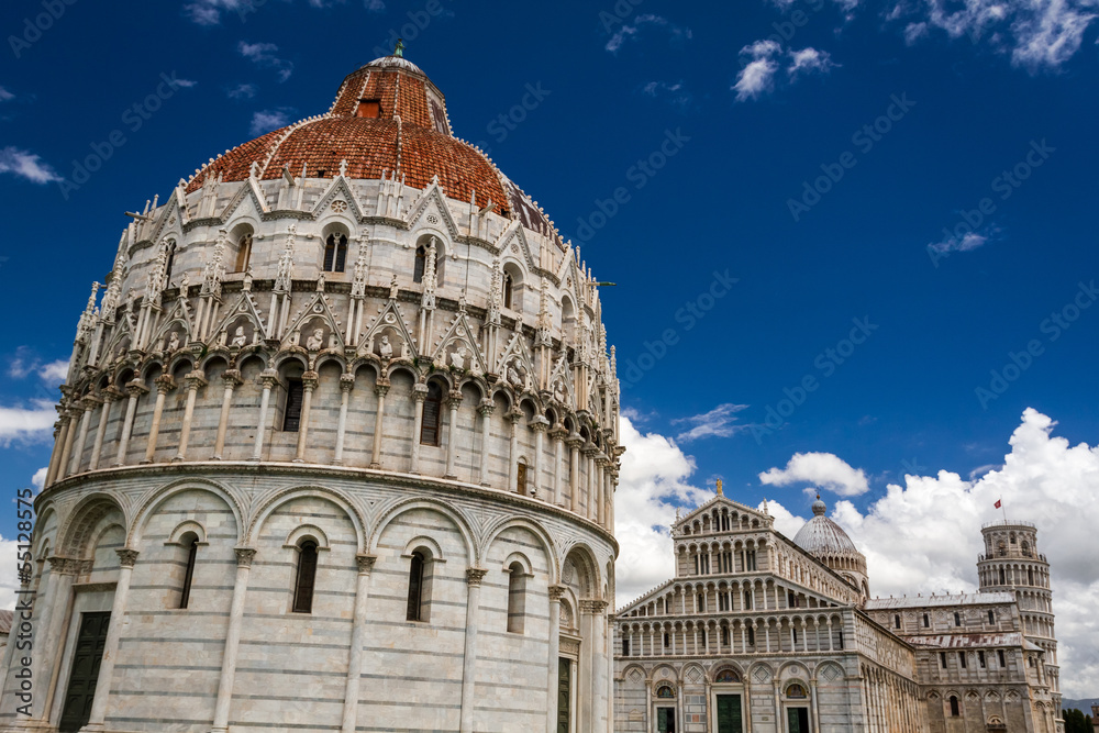 Ancient monuments of Pisa against the blue sky