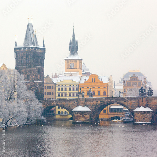 Photography snow Charles bridge in Prague