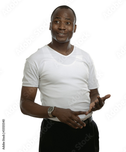 Young man counting something isolated on white background photo