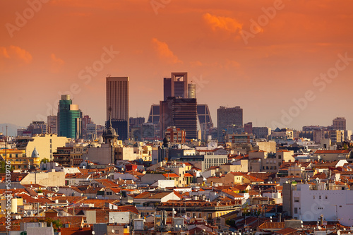 Madrid Skyline with skyscrapers at Sunset
