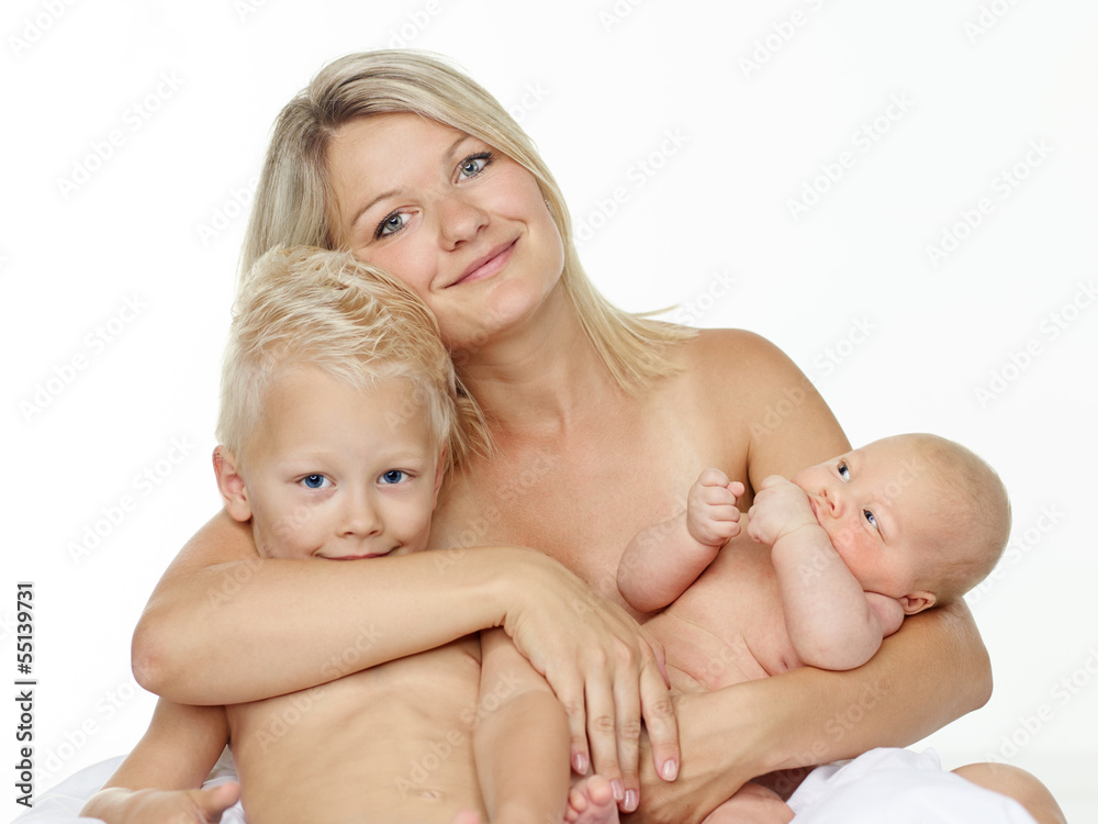Happy mother with son and baby over white Happy mother with son and baby over white