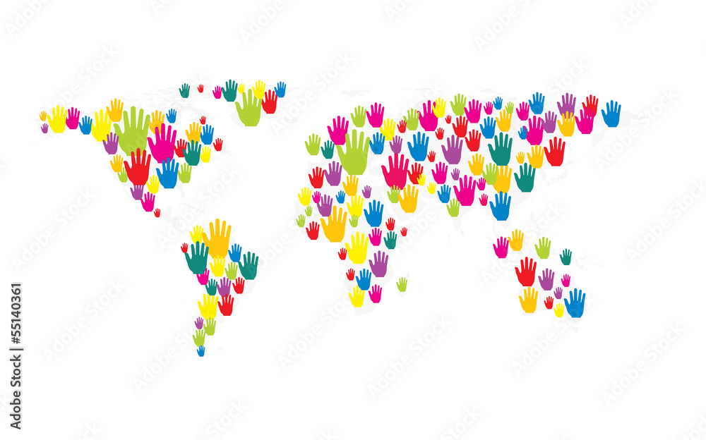 vector hands world map. Word map made from many colored human hands
