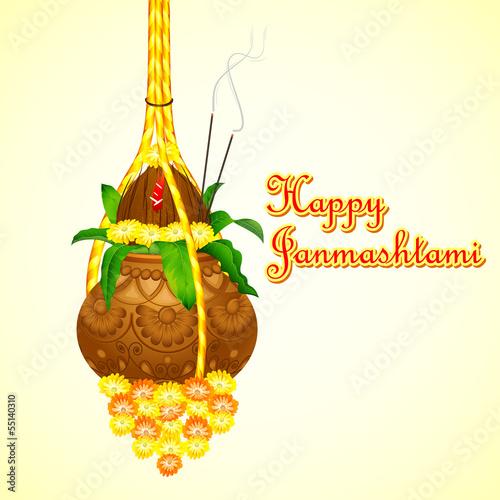 illustration of Happy Janmashtami with hanging dahi handi
