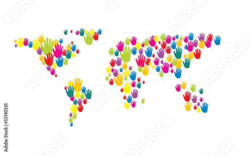 vector hands world map. Word map made from many colored human hands