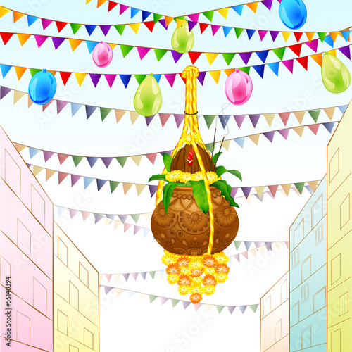 illustration of Happy Janmashtami with hanging dahi handi