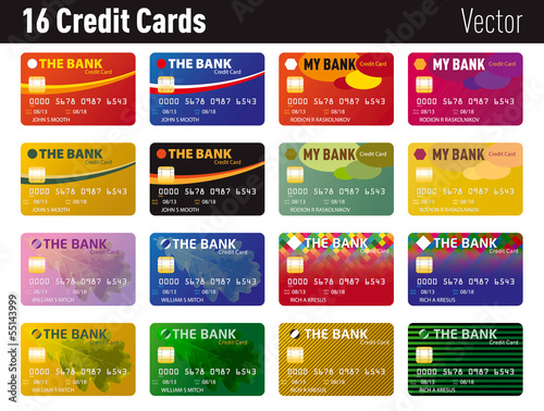 A vectorial set of sixteen different credit cards