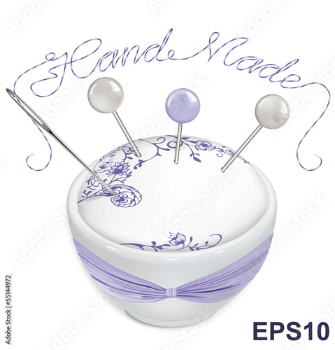 Sewing pins, needle, thread and pin cushion. HandMade. Vector il