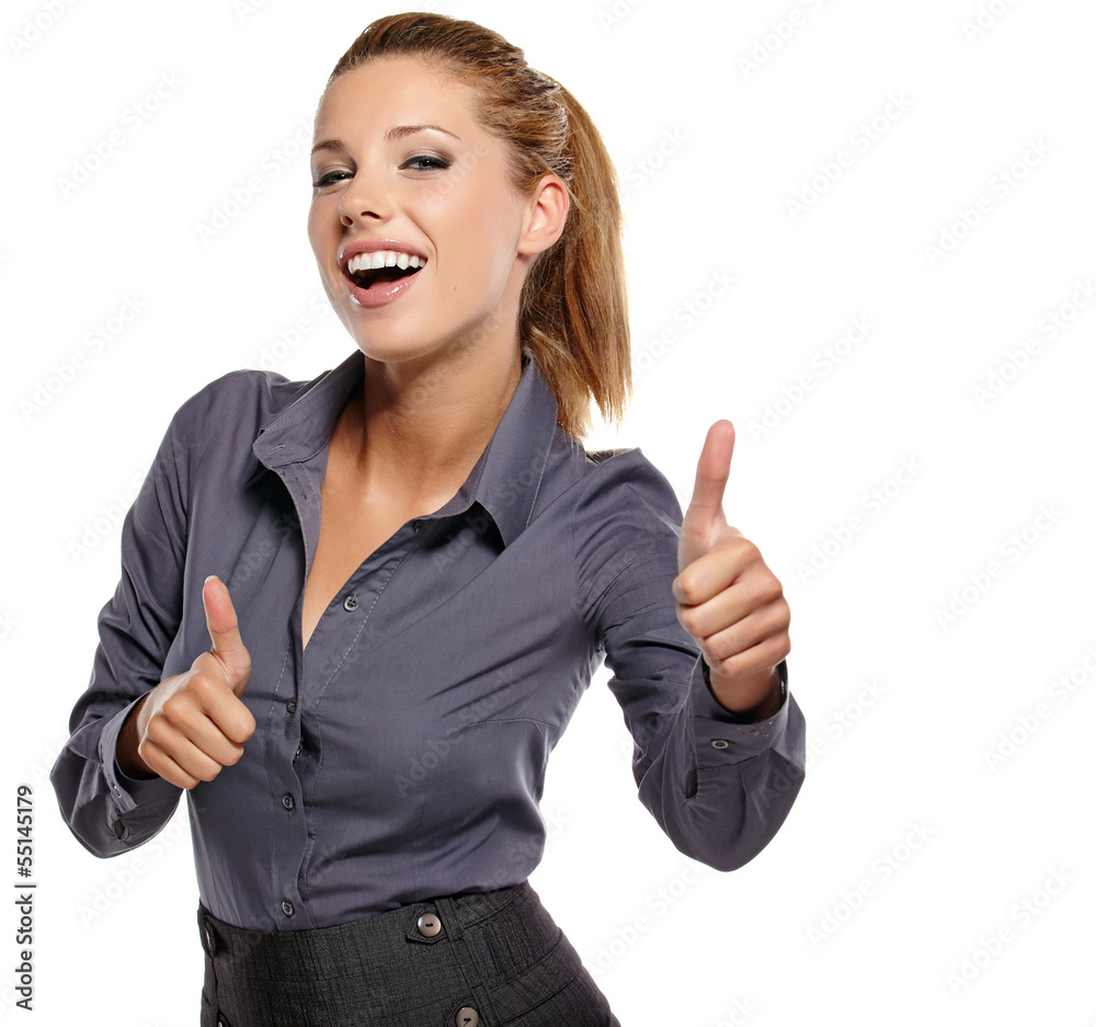 Happy smiling business woman with thumbs up gesture Happy smiling business woman with thumbs up gesture