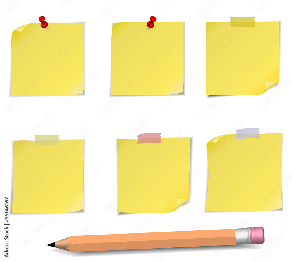 Adhesive Notes with pin, scotch and pensil isolated on white Adhesive Notes with pin, scotch and pensil isolated on white
