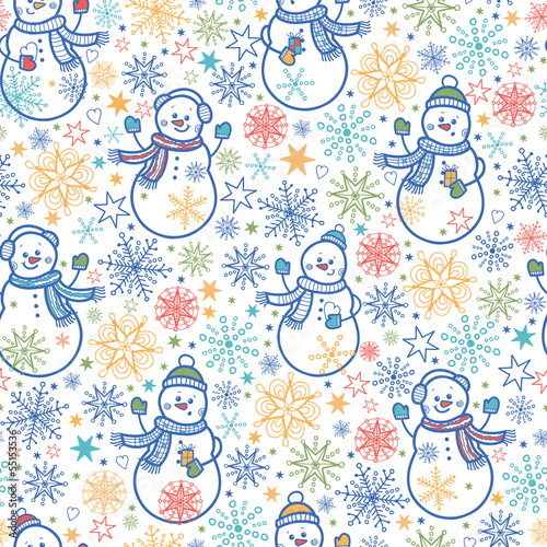 Vector cute snowmen seamless pattern background with hand drawn