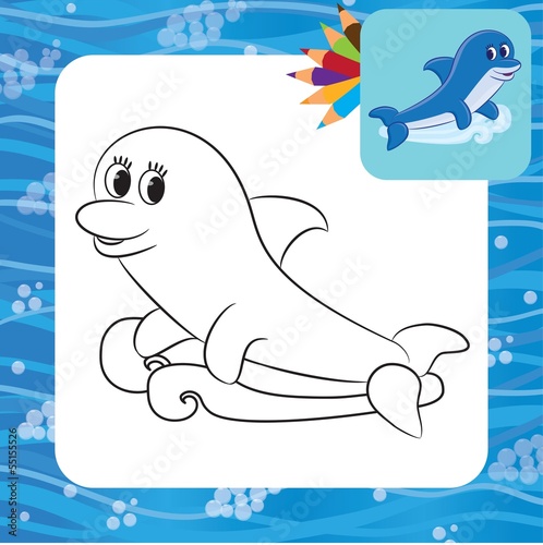 Cartoon dolphin. Coloring book. Vector illustration