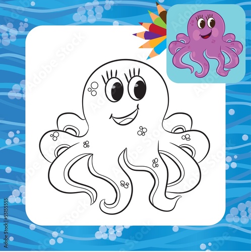 Cartoon octopus. Coloring book. Vector illustration