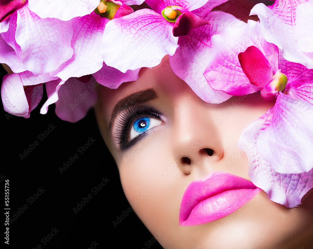 Beautiful girl with flowers and perfect makeup Beautiful girl with flowers and perfect makeup