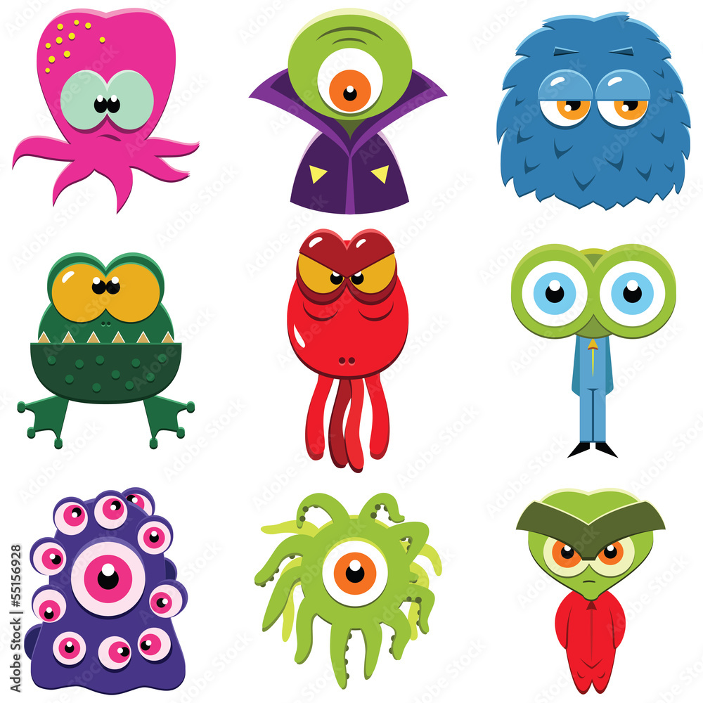 Set of funny cartoon monsters isolated on white Set of funny cartoon monsters isolated on white