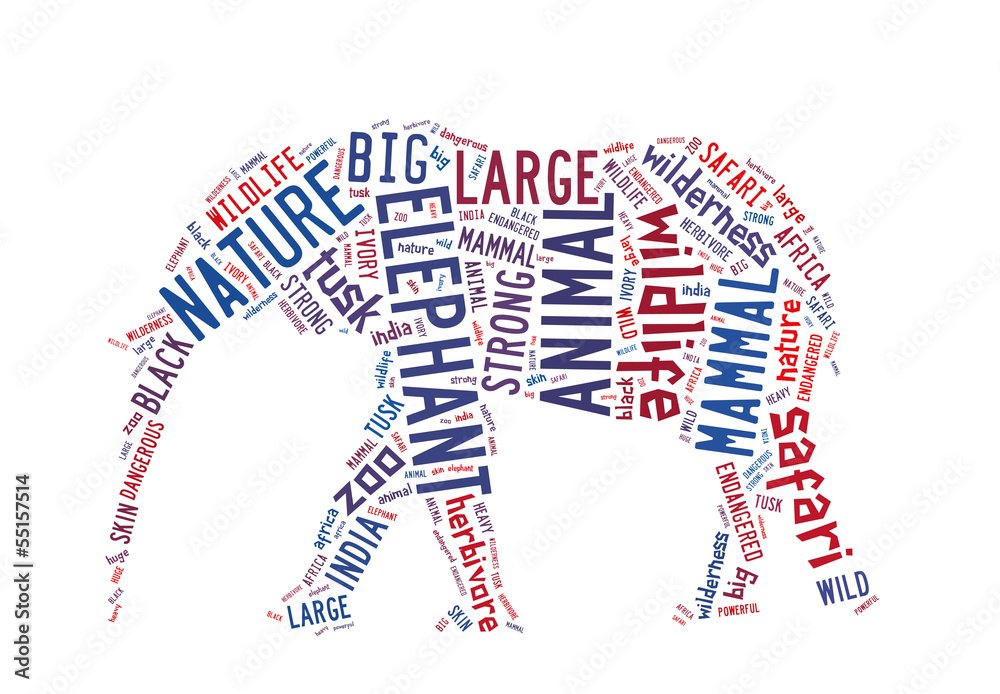 Obraz premium Words illustration of an elephant in white background
