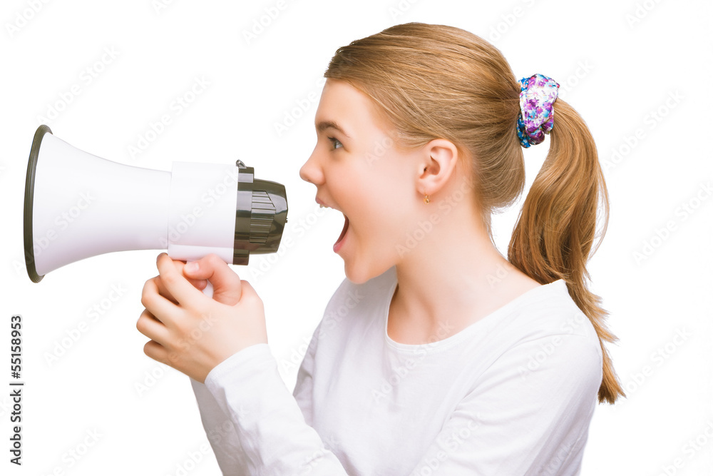 eenage caucasian girl speaking on megaphone expressively eenage caucasian girl speaking on megaphone expressively