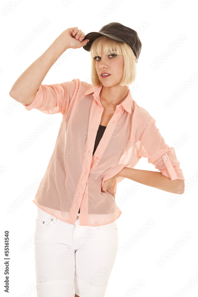 Woman black hat peach top hold tip Woman black hat peach top hold tip