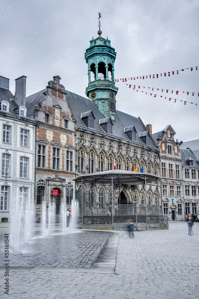 The central square and town hall in Mons, Belgium.