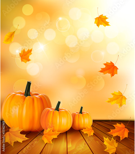 Pumpkins on wooden background with leaves. Autumn background. Ve