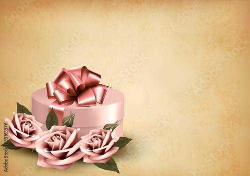 Retro holiday background with pink roses and gift box. Vector