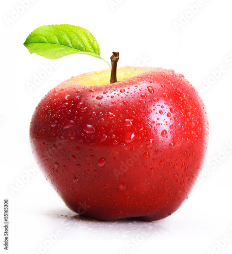 Red apple with water drops isolated on white background.