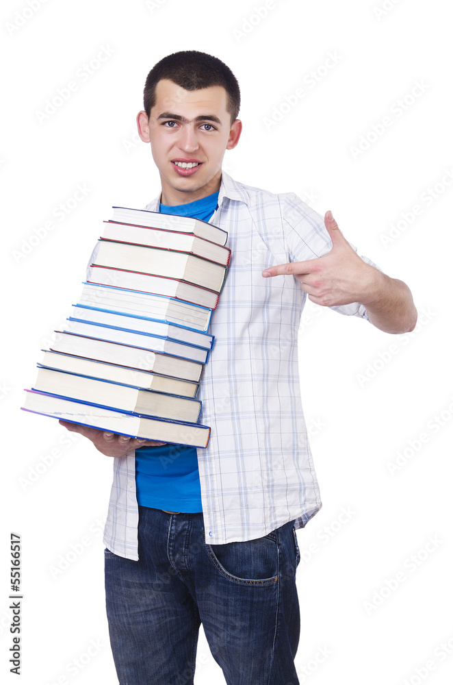 Student with lots of books on white Student with lots of books on white