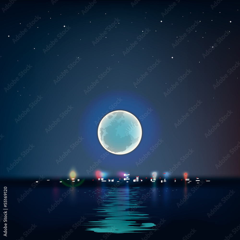 Naklejka premium Full blue moon over cold night water, vector Eps10 illustration.
