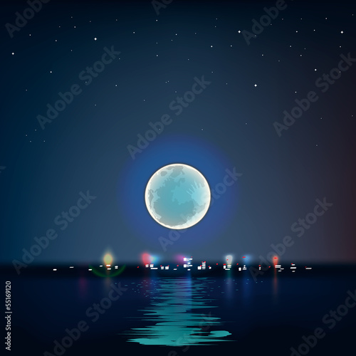 Full blue moon over cold night water, vector Eps10 illustration.