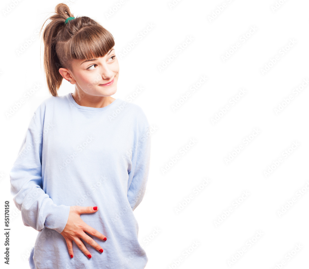 girl touching her stomach on a white background girl touching her stomach on a white background