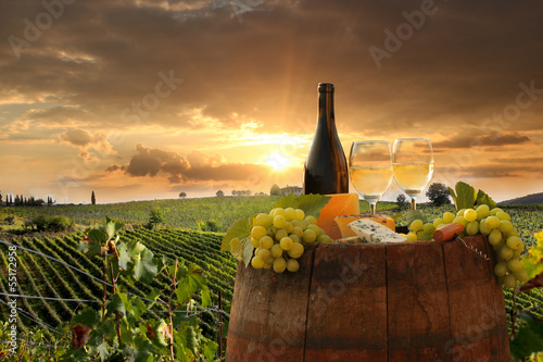 White wine with barell  in vineyard, Chianti, Tuscany, Italy photo