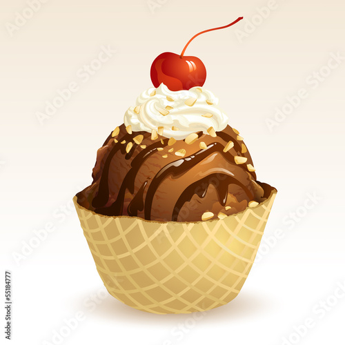 Chocolate ice cream with waffle basket