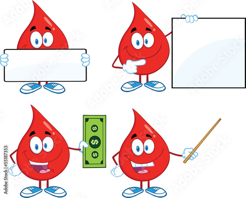 Blood Drop Cartoon Mascot Characters  Set Collection 4
