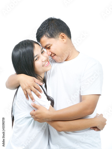 happy attractive asian couple isolated on white
