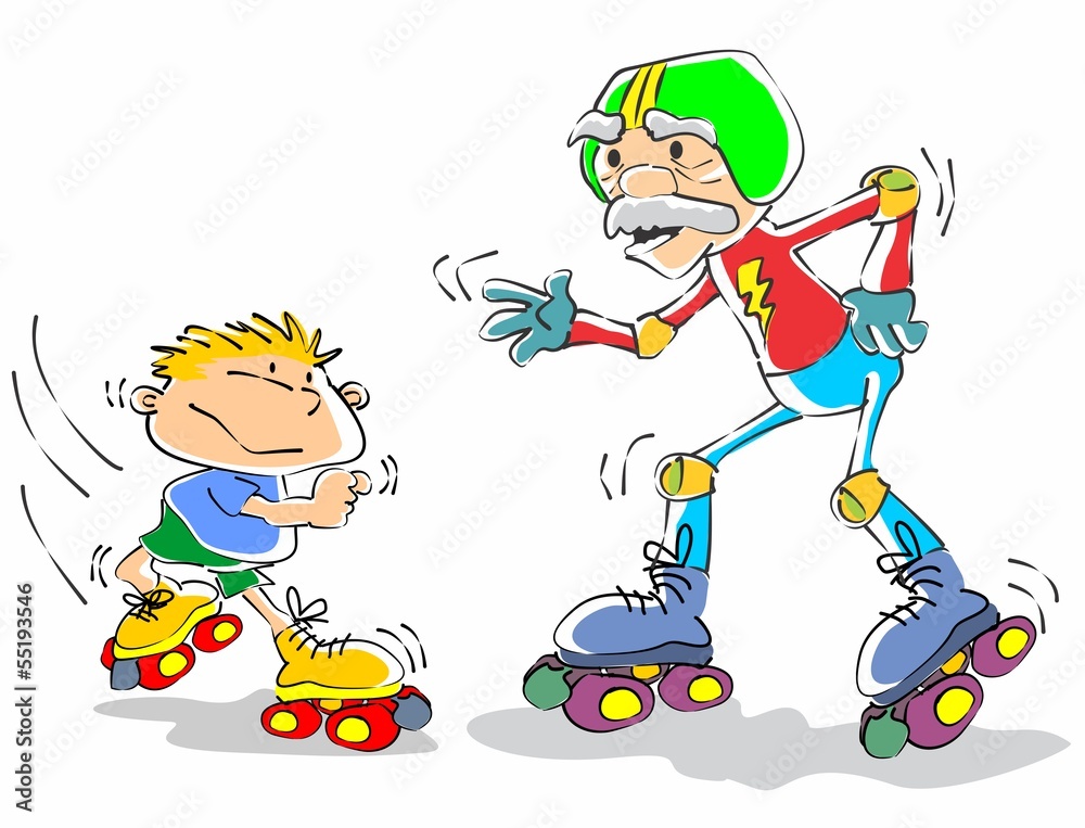 Grandfather and grandson on roller skates Grandfather and grandson on roller skates