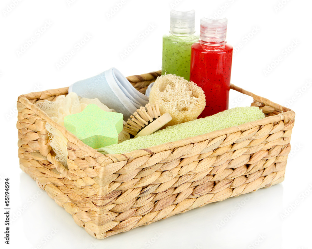Set for spa in wicker basket, isolated on white Set for spa in wicker basket, isolated on white