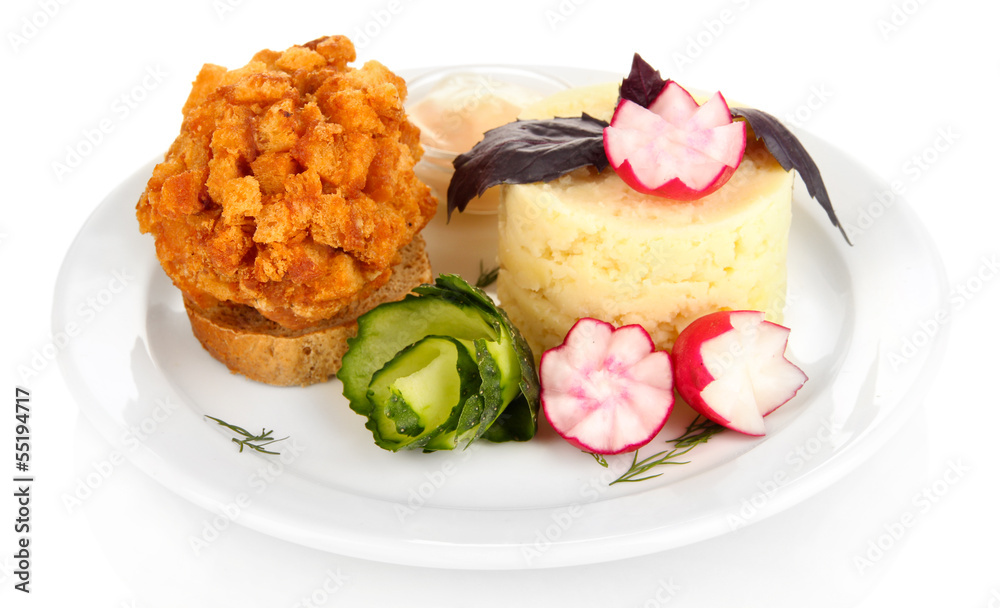 Chicken Kiev and mashed potatoes on plate, isolated on white Chicken Kiev and mashed potatoes on plate, isolated on white