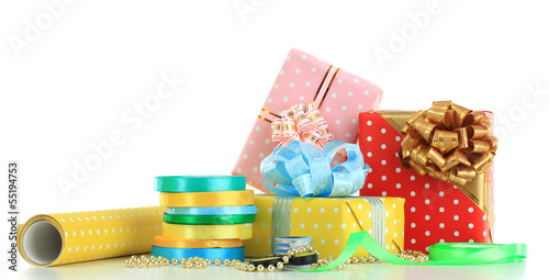Materials and accessories for wrapping gifts isolated on white