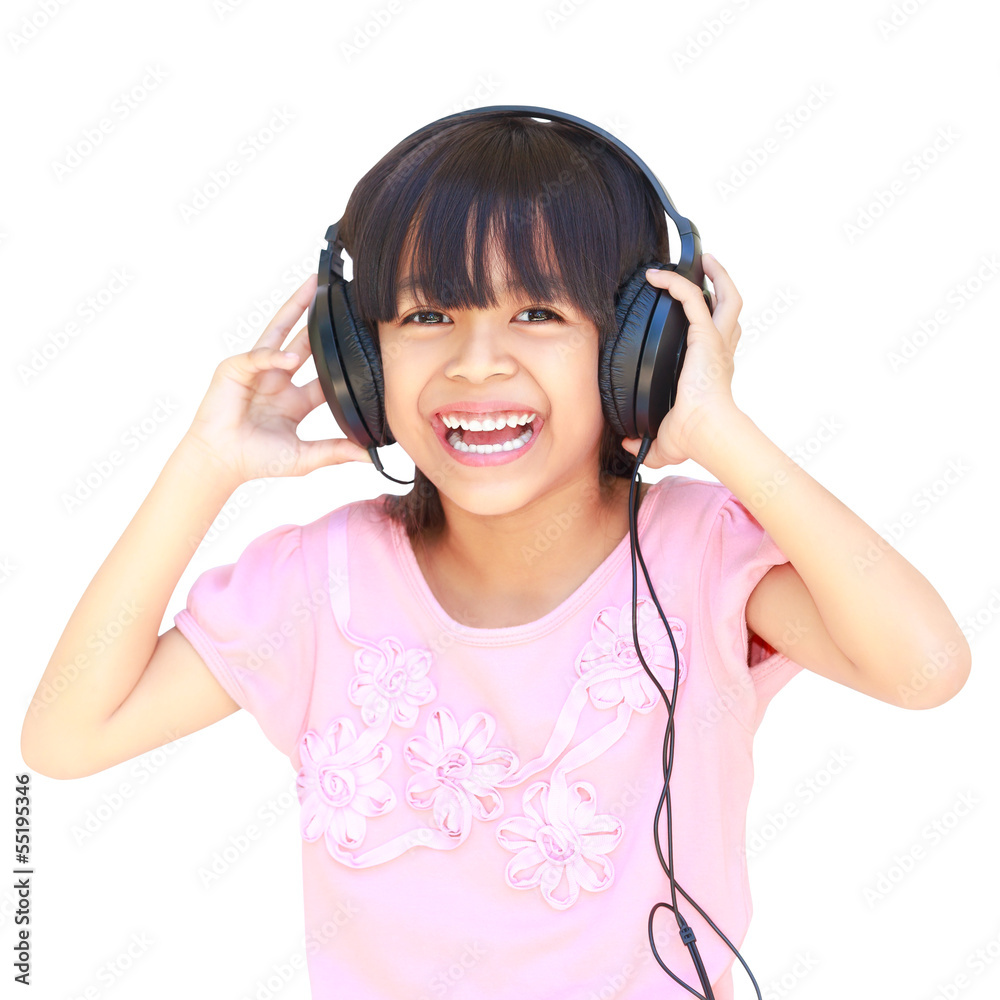 Happy smiling young asian girl in headphones Happy smiling young asian girl in headphones