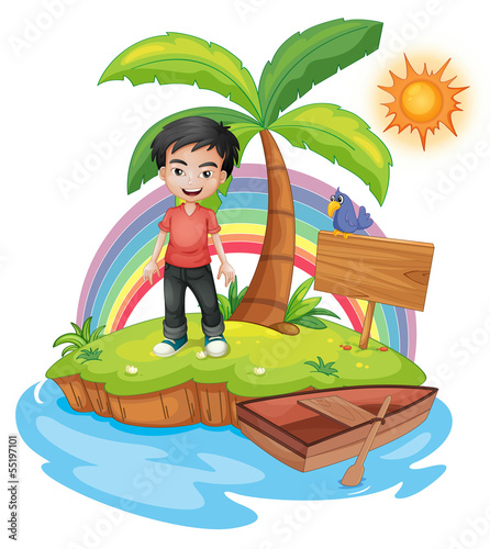 An island with a boy near the empty signage