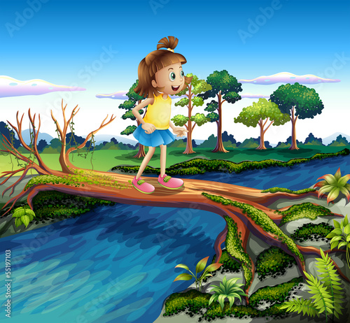 A small girl crossing the river