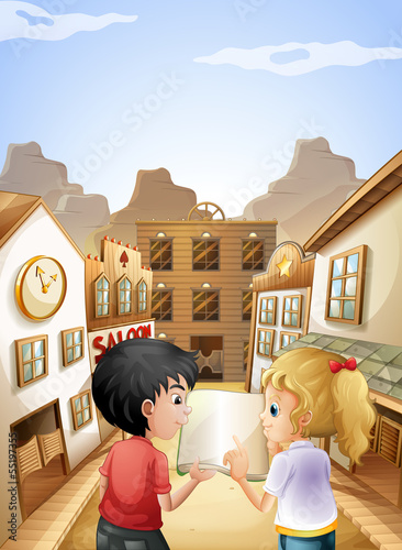 A boy and a girl with an empty book talking near the saloon bars