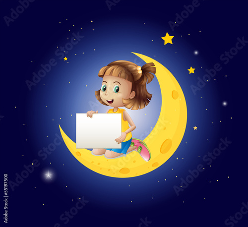A girl above the moon with an empty signboard