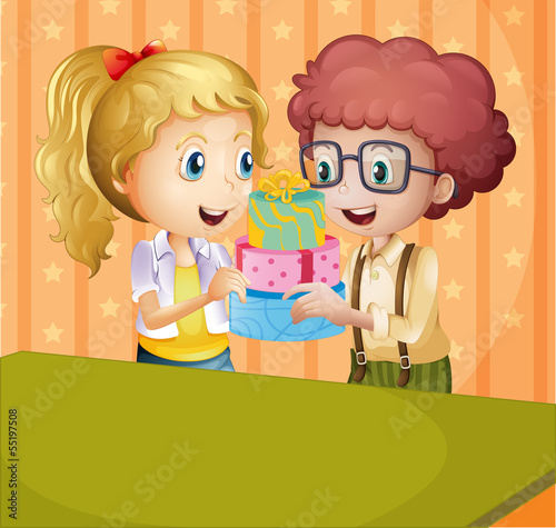 A girl and a boy holding gifts